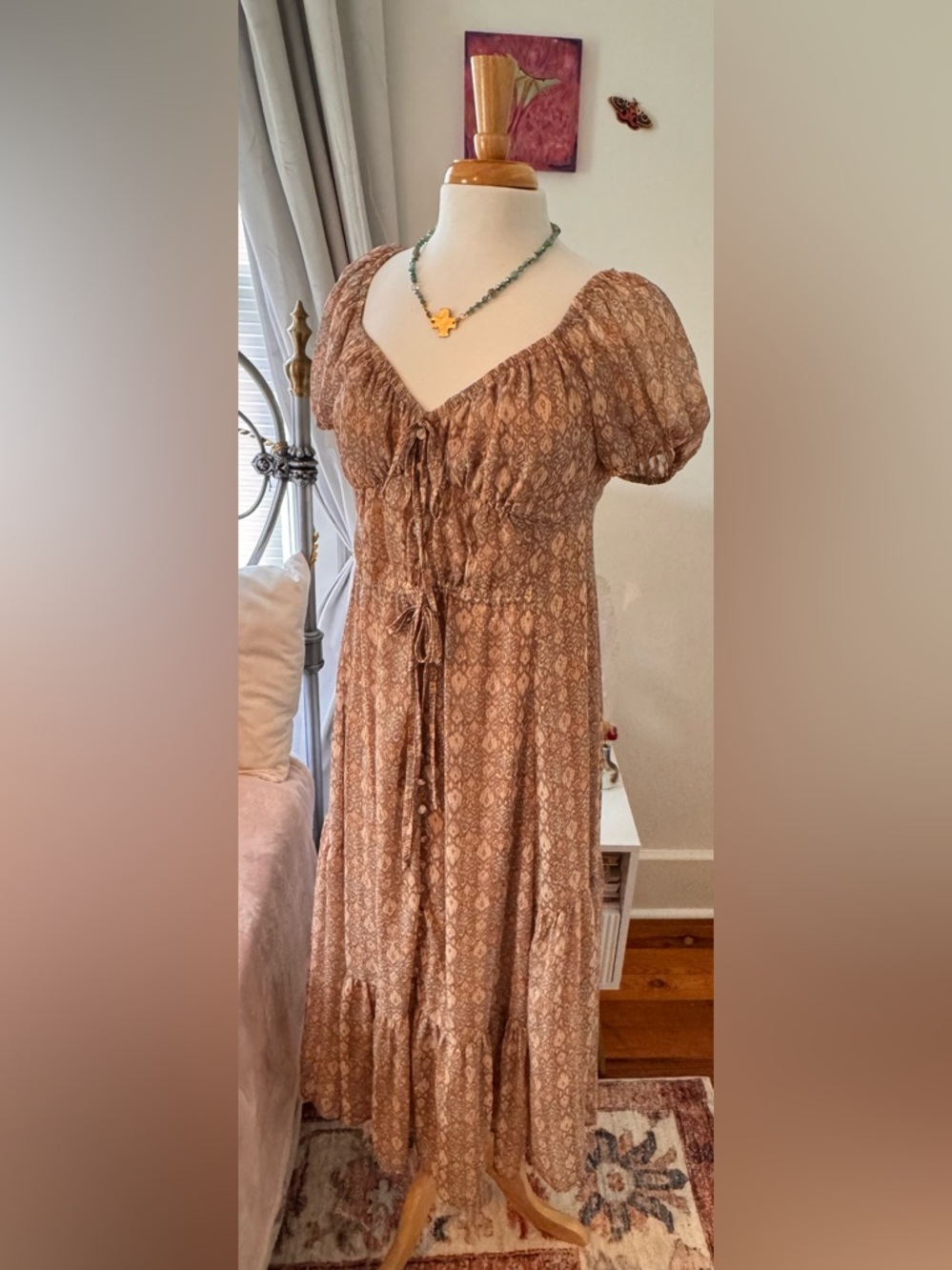 Brown & blue with gold flecks Printed Midi Dress with Tie-Front and Puff Sleeves